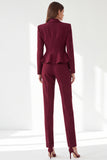 Burgundy Shawl Lapel Long Sleeves V-Neck Peplum 2 Piece Women Suits