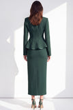 Dark Green Two Piece Notched Lapel Long Sleeves Front Slit Women Suits