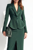 Dark Green Two Piece Notched Lapel Long Sleeves Front Slit Women Suits