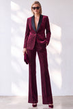Burgundy Velvet Pinstripe Shawl Lapel Single Breasted Long Women Suits