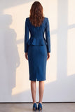 Dark Blue Two Piece Notched Lapel Fitted Midi Women Suits
