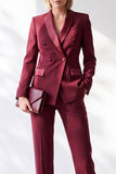Burgundy Fitted Shawl Lapel Double Breasted Women Suits with Pockets