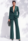 Dark Green Satin Peak Lapel V-Neck Single Breasted Long Women Suits with Pockets