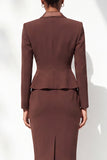 Coffee Fitted Satin Peak Lapel Knee-Length Double Breasted Women Suits