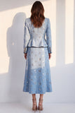 Blue 2-Piece Round Neck Sequins Midi Women Suits with Covered Button