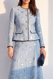 Blue 2-Piece Round Neck Sequins Midi Women Suits with Covered Button