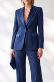 Dark Blue 2-Piece Peak Lapel Single Breasted V-Neck Women Suits