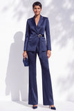 Navy Satin V-Neck Notched Lapel 2 Piece Women Suits with Belt