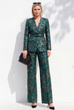 Dark Green Printed V-Neck Long Sleeves Women Suits with Belt