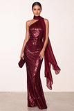 Burgundy Halter Sequins Mermaid Long Holiday Party Dress with Chiffon Draping