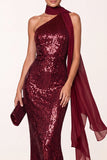 Burgundy Halter Sequins Mermaid Long Holiday Party Dress with Chiffon Draping