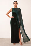 Dark Green Bateau Neck Velvet Sheath Beaded One Shoulder Long Holiday Party Dress with Chiffon Cape