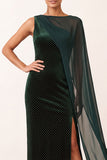 Dark Green Bateau Neck Velvet Sheath Beaded One Shoulder Long Holiday Party Dress with Chiffon Cape