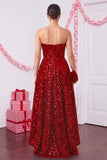 Sparkly Red A-Line Strapless Sequins High Low Tiered Ruffled Satin Holiday Party Dress