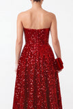 Sparkly Red A-Line Strapless Sequins High Low Tiered Ruffled Satin Holiday Party Dress