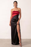 Black Red Satin Sheath Strapless Long Formal Dress with Slit