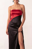 Black Red Satin Sheath Strapless Long Formal Dress with Slit