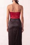 Black Red Satin Sheath Strapless Long Formal Dress with Slit