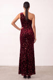 Sparkly Burgundy Sequins Velvet One Shoulder Sheath Long Holiday Party Dress with Slit