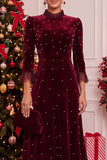 Burgundy Velvet A-Line Pearls High Ruffled Mock Neck Midi Christmas Holiday Party Dress with 3/4 Sleeves