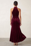 Burgundy High Neck Velvet Mermaid High Low Beaded Long Holiday Party Dress with Ruffled Slit