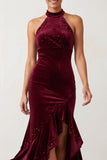 Burgundy High Neck Velvet Mermaid High Low Beaded Long Holiday Party Dress with Ruffled Slit