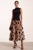 Black High Neck A-Line Floral Printed Tulle Midi Formal Dress