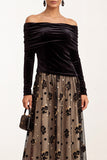 Black Champagne Velvet A-Line Off the Shoulder Ruched Tulle Long Sleeves Midi Wedding Guest Dress