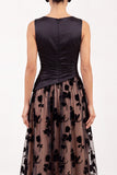 Black A-Line Bateau Neck Satin Ruched Floral Long Formal Dress