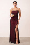 Black Red Sheath Spaghetti Straps Long Evening Dress with Slit