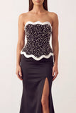 Black White Satin Mermaid Pearls Strapless Long Formal Dress with Slit