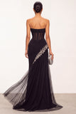 Black Corset Sheer Mermaid Strapless Tulle Long Formal Dress with Rhinestones