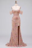 Blush Sheath Off the Shouder Corset Sequins Long Prom Dress with Slit