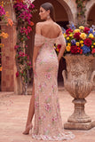 Blush Sheath Off the Shouder Corset Sequins Long Prom Dress with Slit