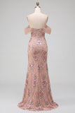 Blush Sheath Off the Shouder Corset Sequins Long Prom Dress with Slit