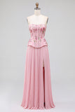 Pink Corset A-Line Floral Sequins Pleated Strapless Long Prom Dress with Side Slit