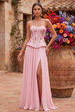 Pink Corset A-Line Floral Sequins Pleated Strapless Long Prom Dress with Side Slit