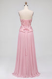 Pink Corset A-Line Floral Sequins Pleated Strapless Long Prom Dress with Side Slit