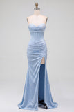 Blue Satin Mermaid Corset Pearls Strapless Ruched Long Prom Dress with Side Slit