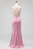 Pink Mermaid Pearls Satin Spaghetti Straps Beaded Lace Up Back Prom Dress with Slit