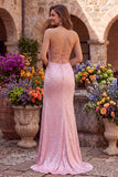 Pink Mermaid Pearls Satin Spaghetti Straps Beaded Lace Up Back Prom Dress with Slit