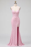 Pink Corset Halter Mermaid Pearls Satin Beaded Backless Long Prom Dress with Slit