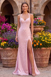 Pink Corset Halter Mermaid Pearls Satin Beaded Backless Long Prom Dress with Slit