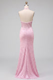 Pink Corset Halter Mermaid Pearls Satin Beaded Backless Long Prom Dress with Slit