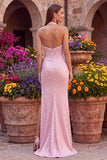 Pink Corset Halter Mermaid Pearls Satin Beaded Backless Long Prom Dress with Slit