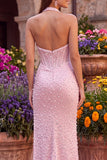 Pink Corset Halter Mermaid Pearls Satin Beaded Backless Long Prom Dress with Slit