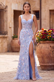 Blue Sheer Corset Embroidery Satin Mermaid Long Floral Prom Dress with Slit