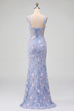 Blue Sheer Corset Embroidery Satin Mermaid Long Floral Prom Dress with Slit