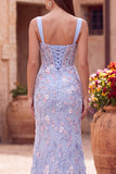 Blue Sheer Corset Embroidery Satin Mermaid Long Floral Prom Dress with Slit