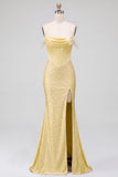 Off the Shoulder Yellow Mermaid Satin Pearls Beaded Cowl Corset Prom Dress with Slit